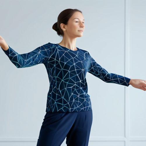 Home 4 A professional adult in modest, comfortable attire, performing a precise, controlled arm movement in a bright, clean, modern studio. Subtle, glowing neural network patterns subtly emanate from behind the subject, symbolizing brain activity and control. The scene emphasizes focus and mind-body connection. safe for work, appropriate content, fully clothed, professional, perfect anatomy, correct proportions, natural pose, well-formed hands, proper finger count, natural body proportions, professional photography, high quality.