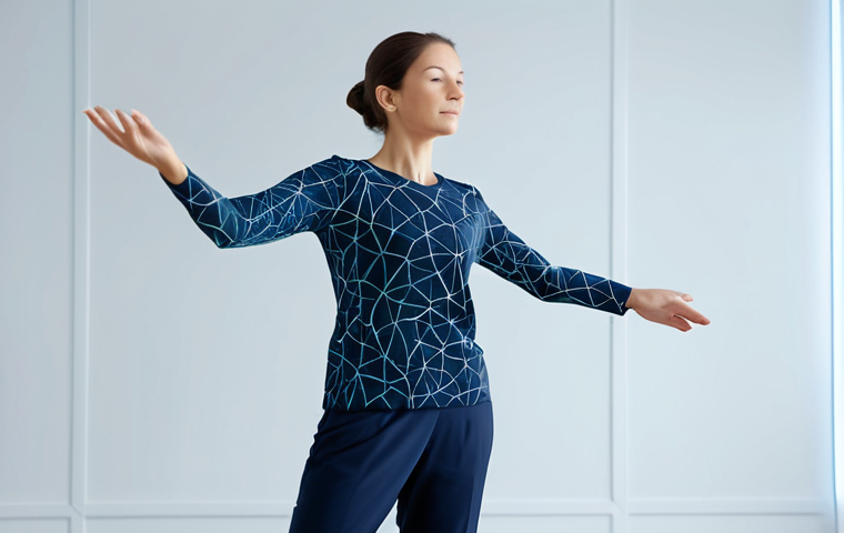A professional adult in modest, comfortable attire, performing a precise, controlled arm movement in a bright, clean, modern studio. Subtle, glowing neural network patterns subtly emanate from behind the subject, symbolizing brain activity and control. The scene emphasizes focus and mind-body connection. safe for work, appropriate content, fully clothed, professional, perfect anatomy, correct proportions, natural pose, well-formed hands, proper finger count, natural body proportions, professional photography, high quality.