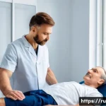 신경계물리치료 - A modern physiotherapy clinic scene in Russia showing a middle-aged male patient undergoing electric...