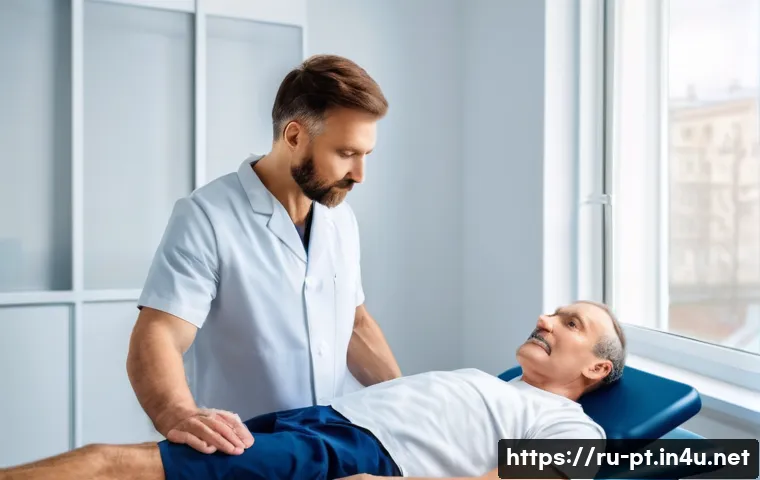 신경계물리치료 - A modern physiotherapy clinic scene in Russia showing a middle-aged male patient undergoing electric...